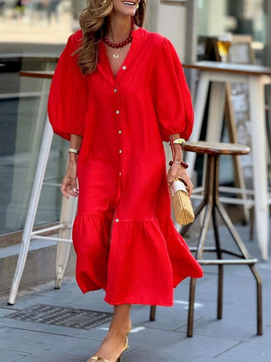 Casual Loose Holiday Lantern Sleeve Shirt Midi Dress