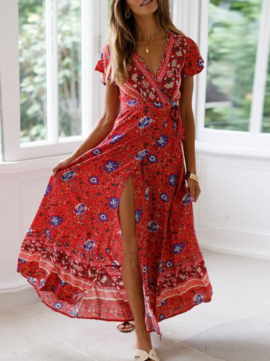 V-Neck Retro Ethnic Print Holiday Cardigan Tie Short-Sleeved Maxi Dress