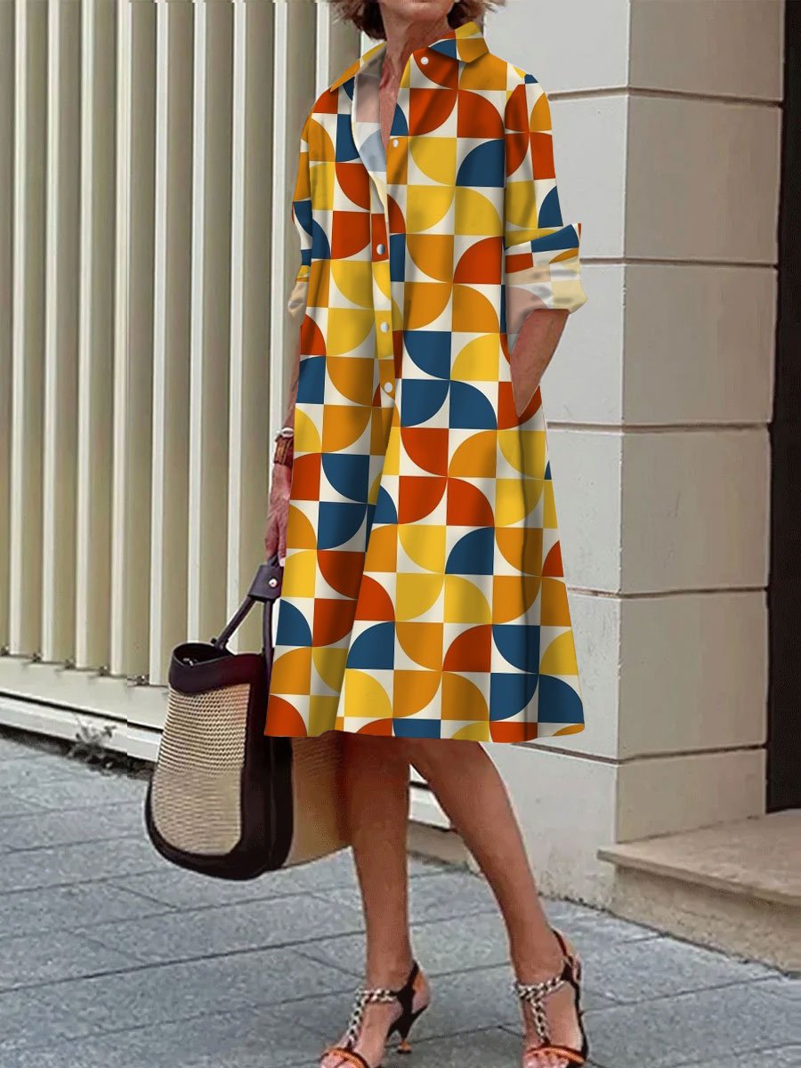 Colorful Windmill Print Casual Loose Pocket Long Sleeve Shirt Dress