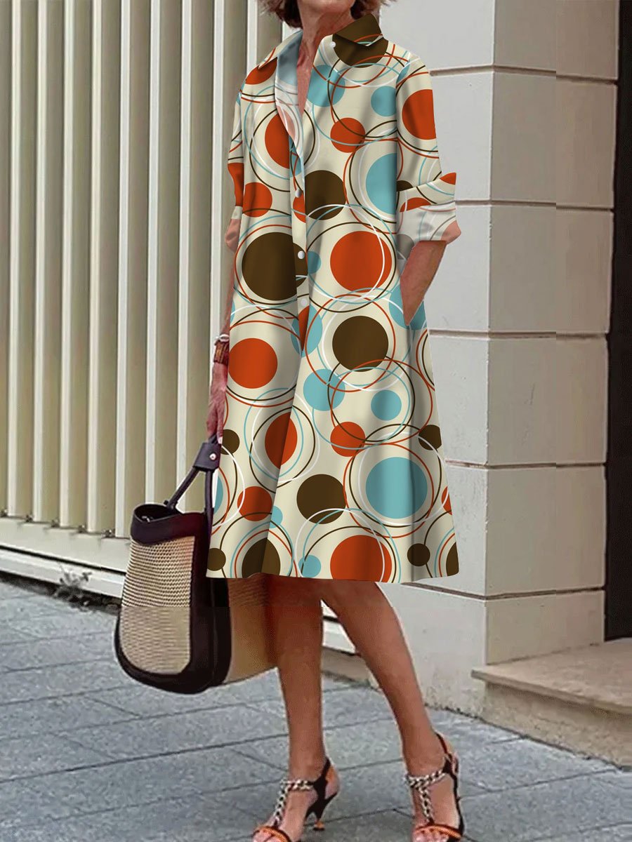 Contrast Color Polka Dot Print Casual Loose Long Sleeve Shirt Dress