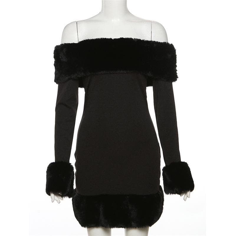 Fluffy patchwork solid off shoulder long sleeve mini dress