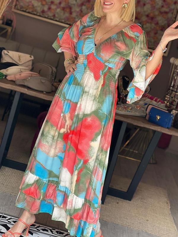 V-neck Printed Bell Sleeve Dress