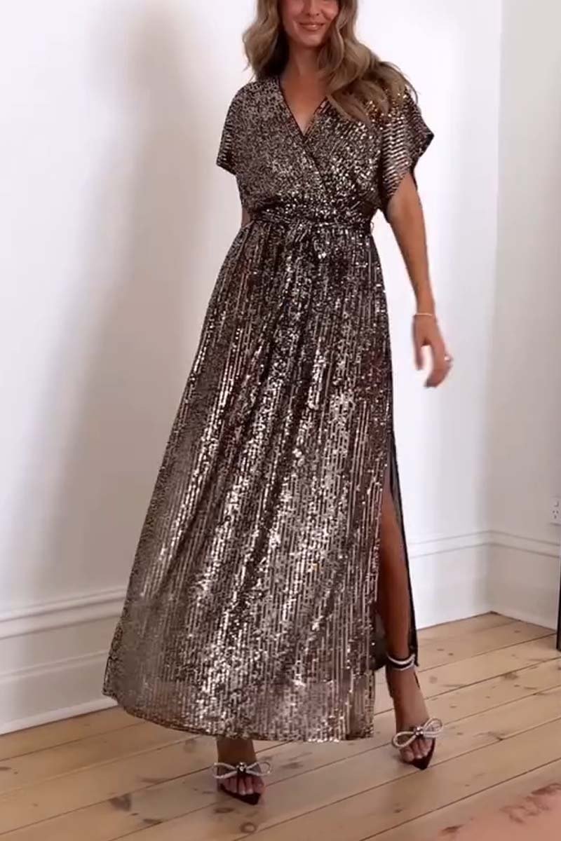 Women's sequin slit V-neck dress