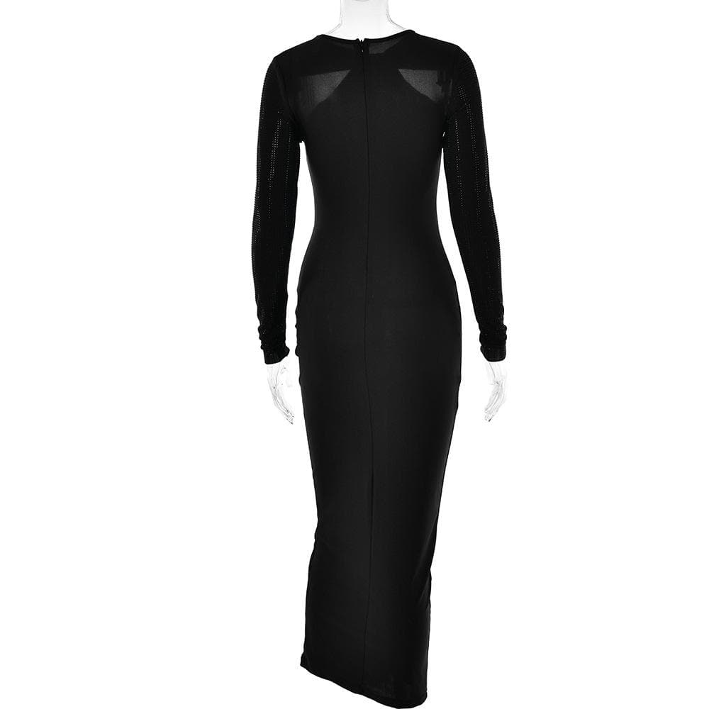 Long sleeve beaded zip-up hollow out patchwork cut out maxi dress