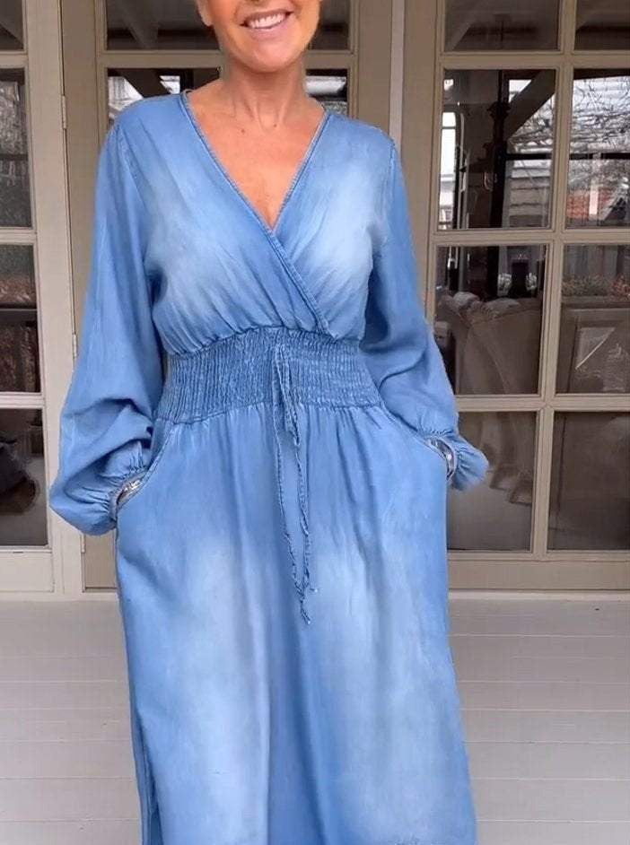 V-neck Long-sleeved Washed Denim Dress