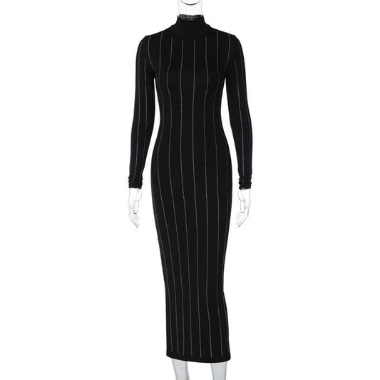 Long sleeve high neck beaded solid midi dress