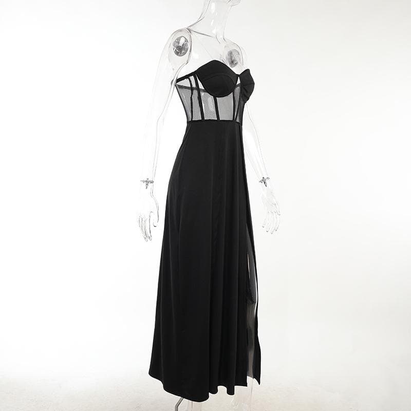 Mesh heart neck high slit pleated tube maxi dress