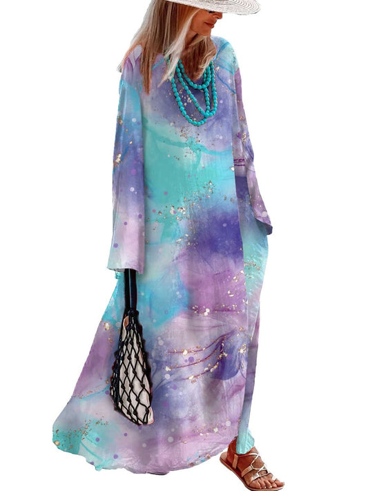 Cotton and Linen Gold Stamping Marble Print Holiday Long Sleeve Maxi Dress