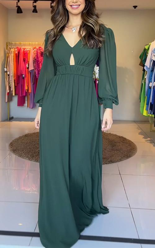 Women's V-neck Solid Color Lantern Sleeve Waist Dress