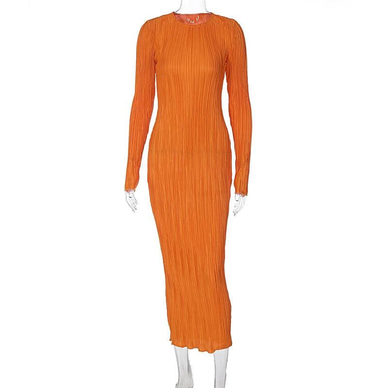 Long sleeve crewneck ruffle textured solid maxi dress