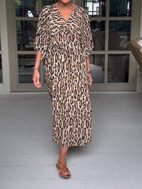 Women's V-neck Leopard Printed Loose Dress