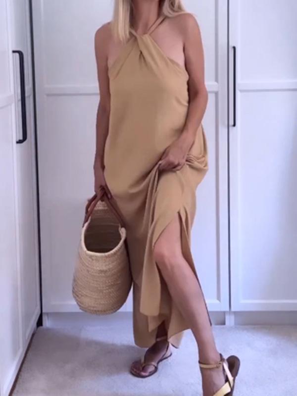 casual halterneck slit cotton and linen dress