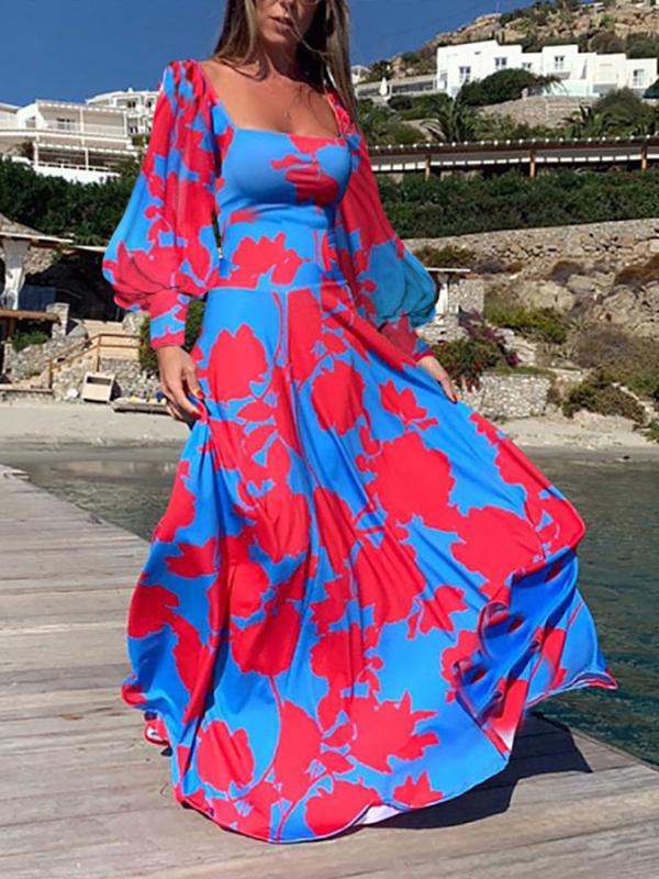 Women's Lantern Sleeve Printed Long Dress