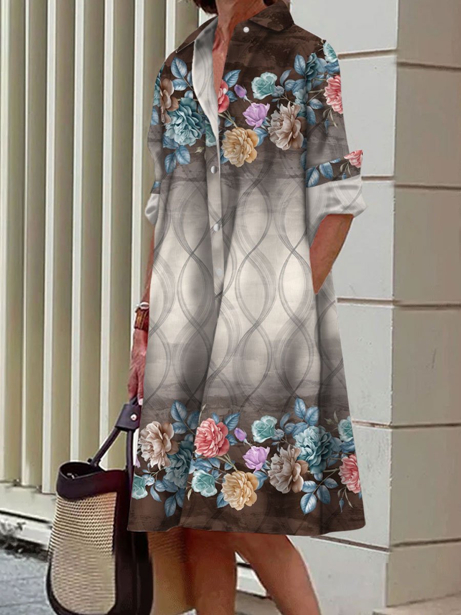 Floral Geometric Print Casual Loose Long Sleeve Shirt Dress