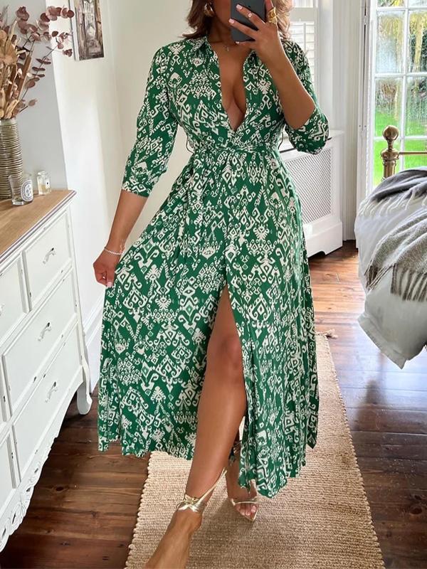 Deep V-neck Floral Slit Dress