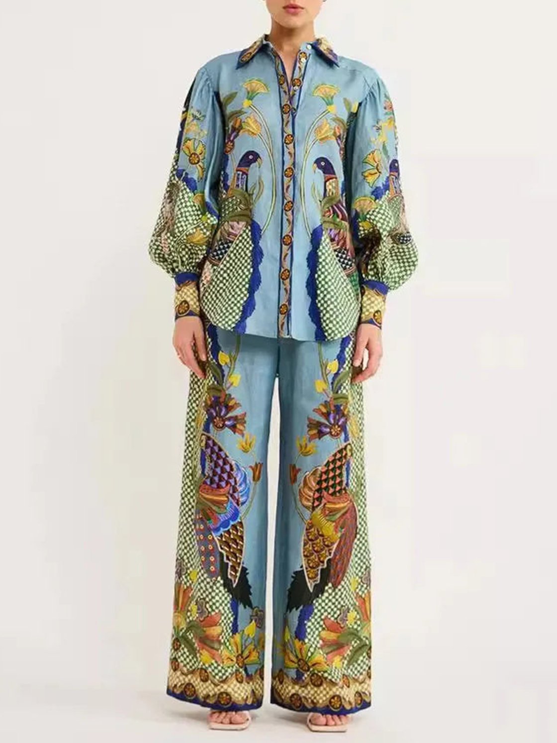 Women's Resort Contrast Color Peacock Print Long Sleeve Pants Suit