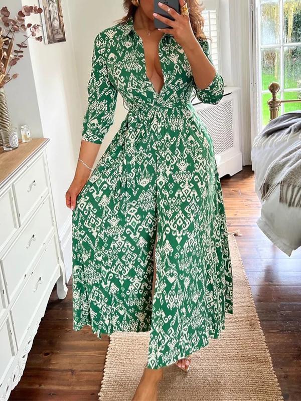 Deep V-neck Floral Slit Dress