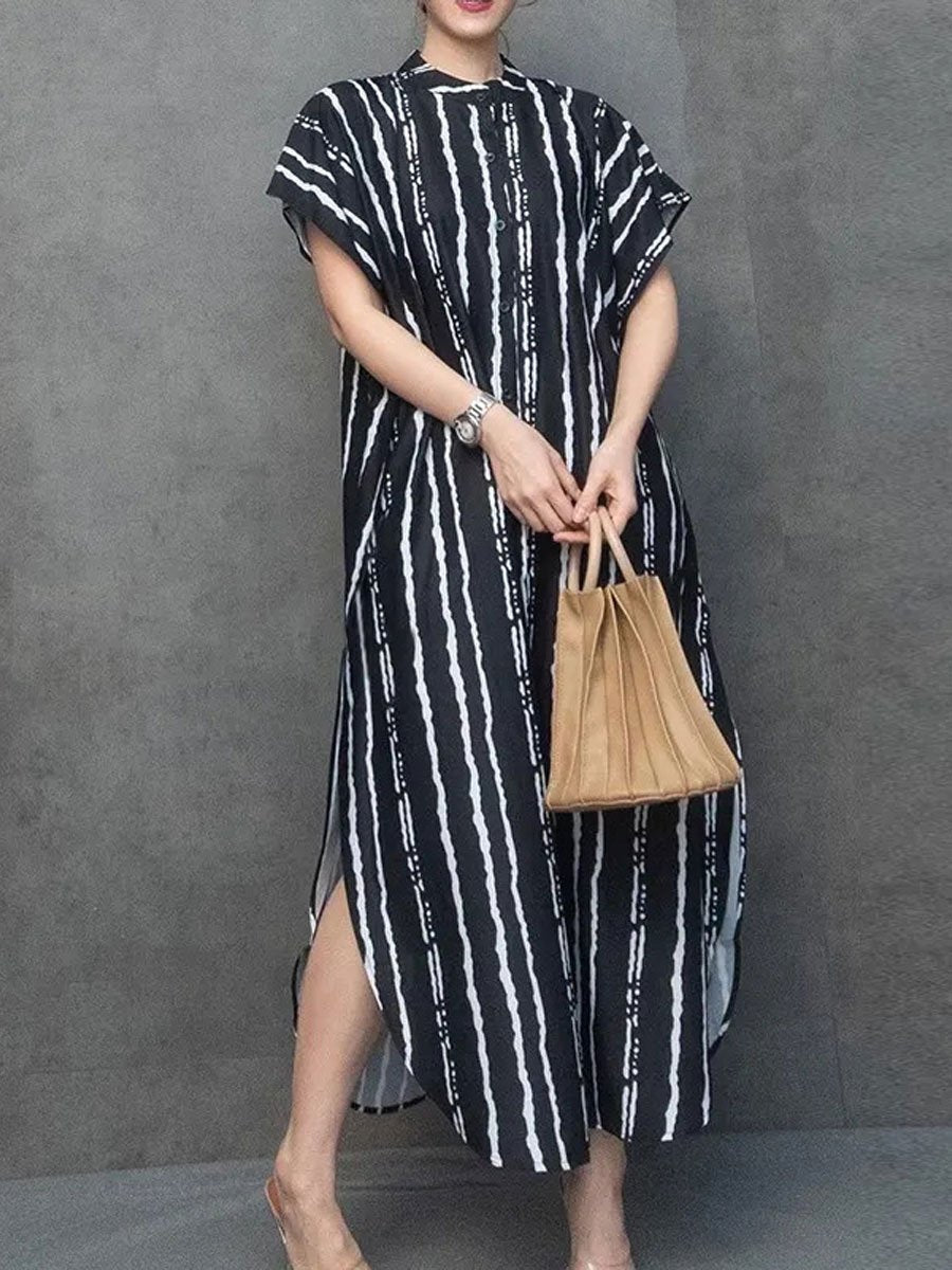 Striped Print Swallowtail Slit Short Sleeve Shirt Maxi Dress