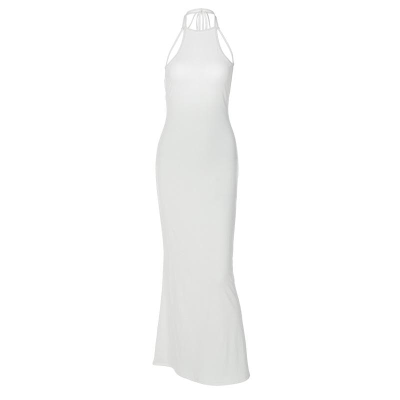 Halter solid sleeveless backless self tie maxi dress