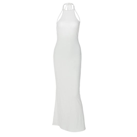 Halter solid sleeveless backless self tie maxi dress