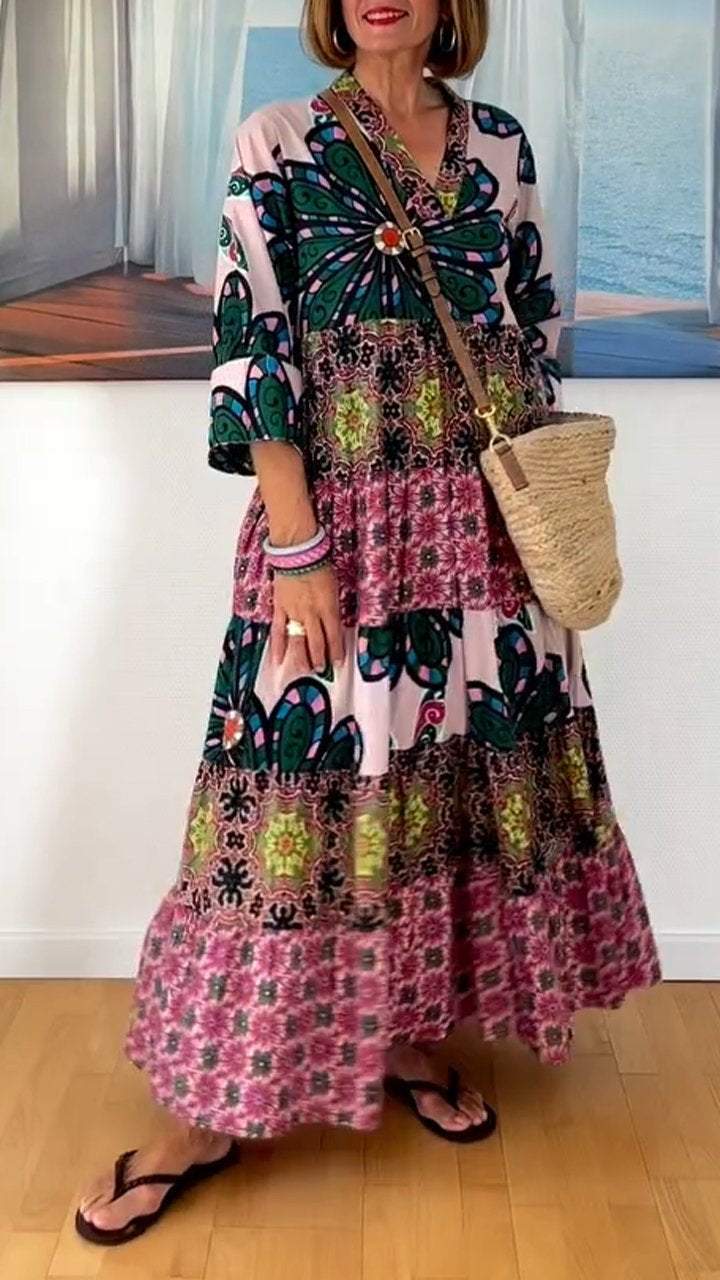 V-neck Printed Mid-length Sleeve Dress