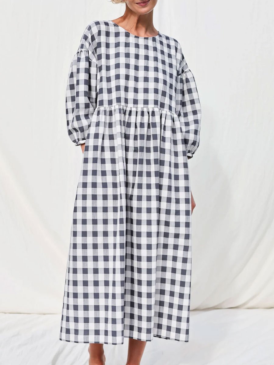 Round Neck Plaid Printed Casual Loose Mid-Sleeve Midi Dress