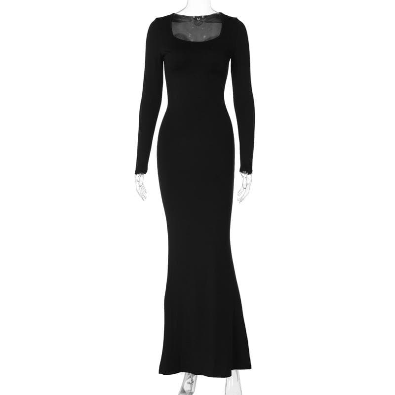 Lace up solid long sleeve square neck maxi dress