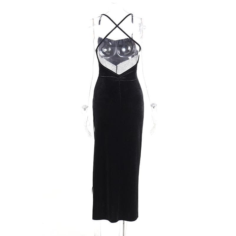 Cowl neck lace hem slit backless velvet cross back midi dress