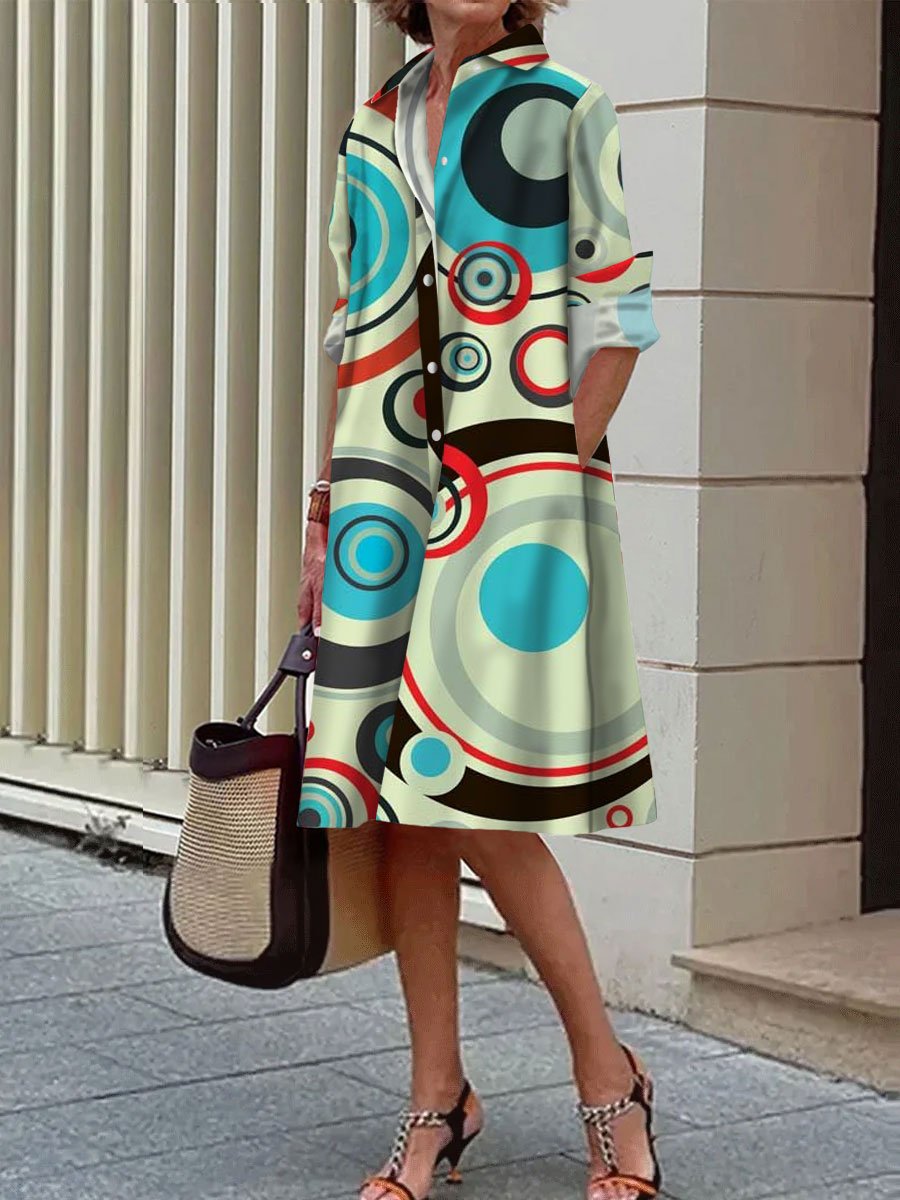 Colorful Circle Print Casual Loose Pocket Long Sleeve Shirt Dress