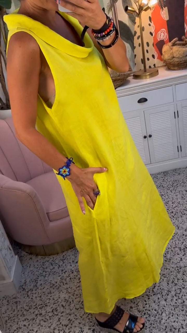 Neck Sleeveless Cotton and Linen Dress