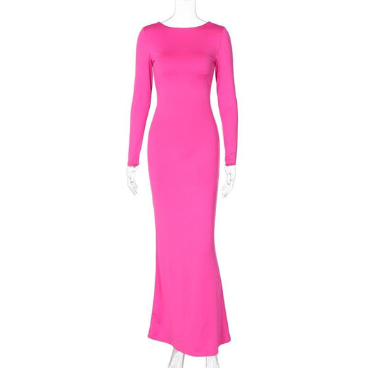 Long sleeve backless lace up ruched solid maxi dress