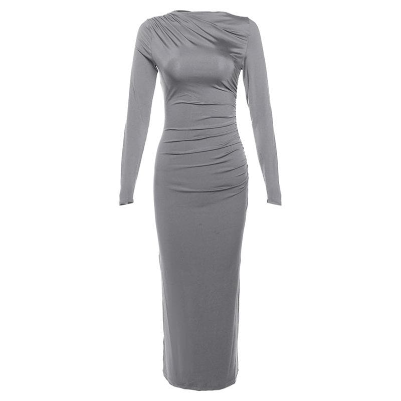 Ruched solid long sleeve zip-up maxi dress