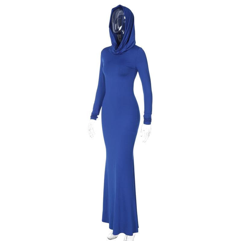 Hoodie long sleeve ruched solid maxi dress