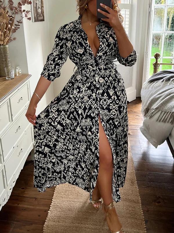 Deep V-neck Floral Slit Dress