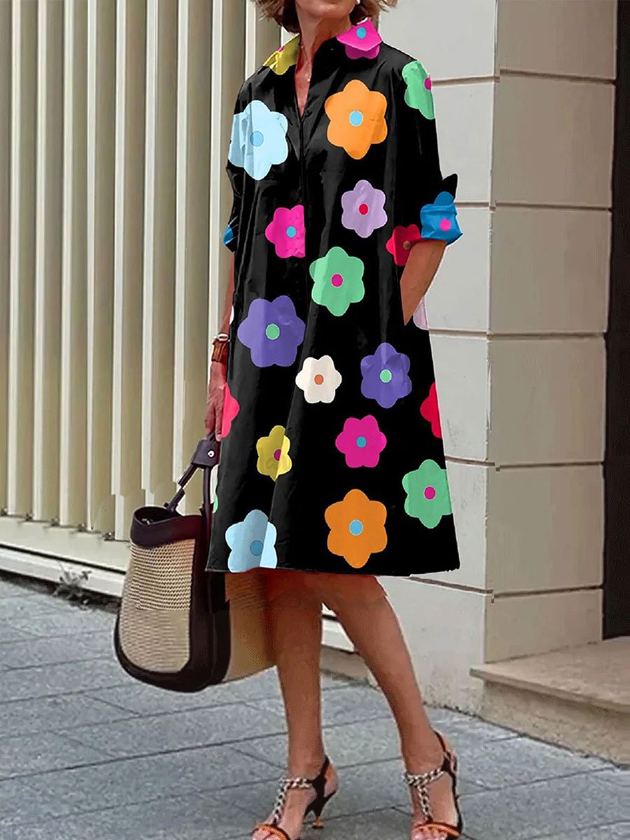 Colorful Floral Print Casual Loose Long Sleeve Shirt Dress