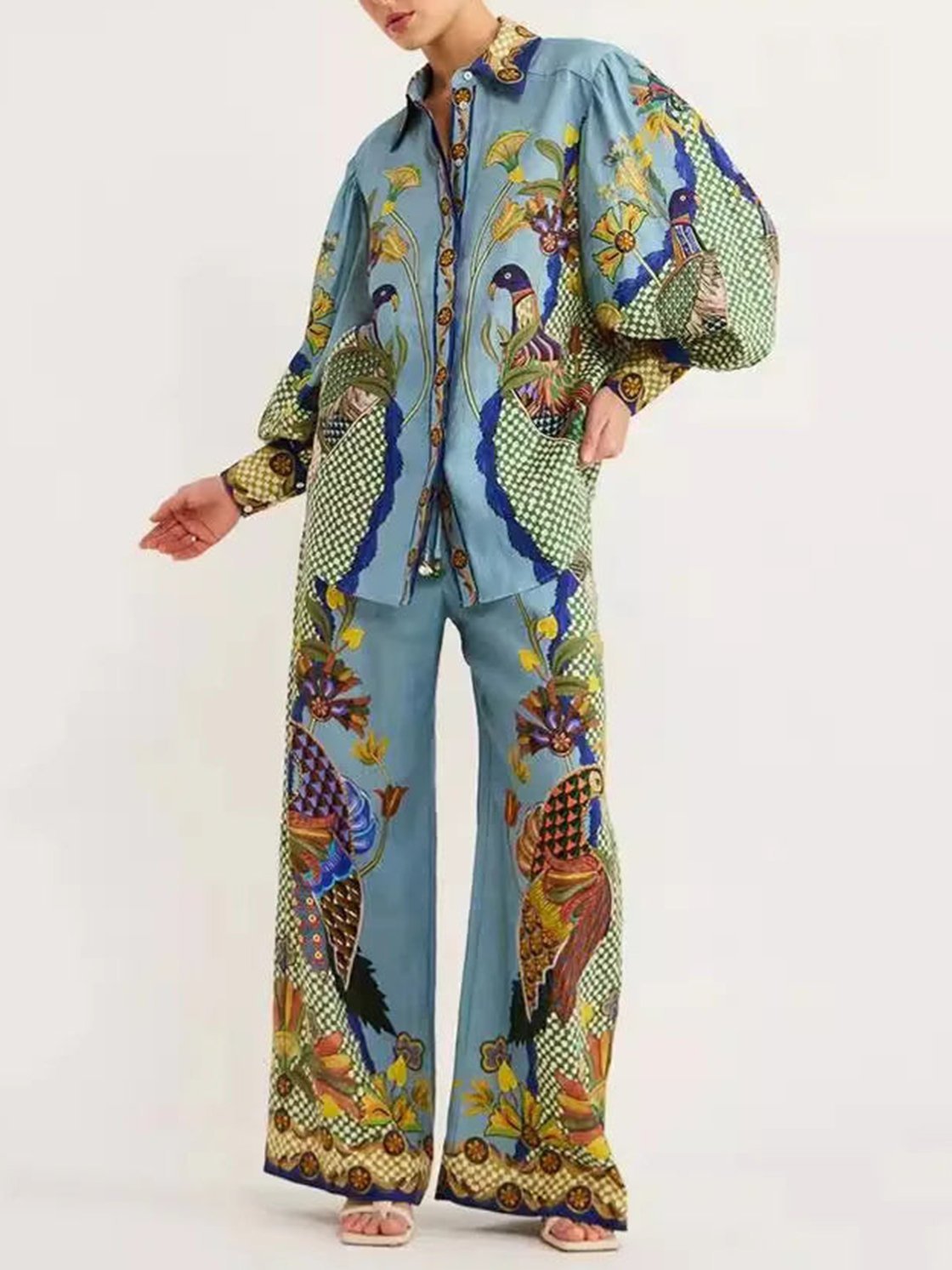 Women's Resort Contrast Color Peacock Print Long Sleeve Pants Suit