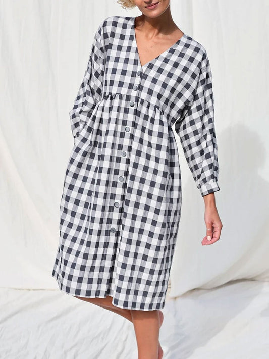 V-Neck Cotton And Linen Plaid Casual Loose Shirt Long-Sleeved Midi Dress