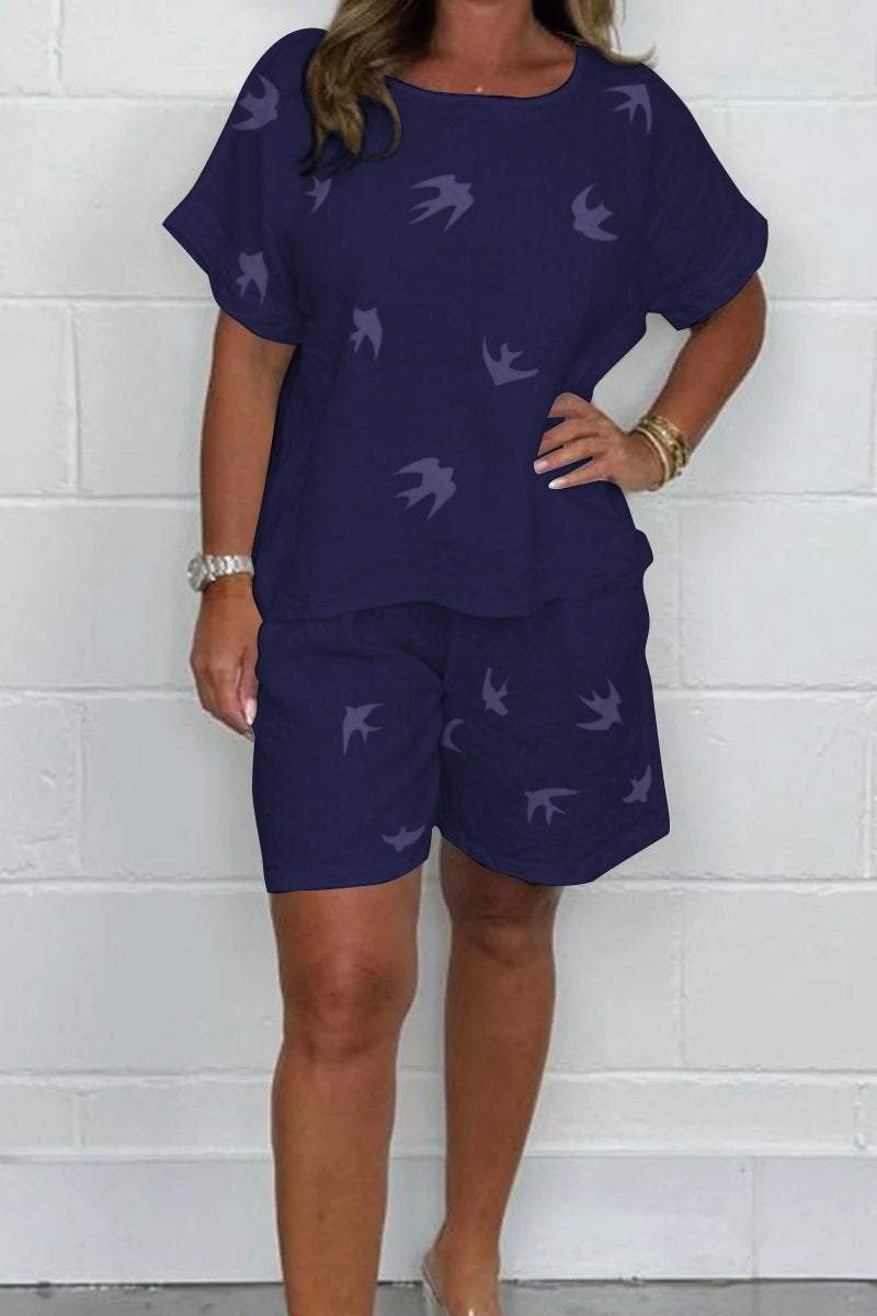 Ivyshape | Women's Bird Print Short And Top Set Linen