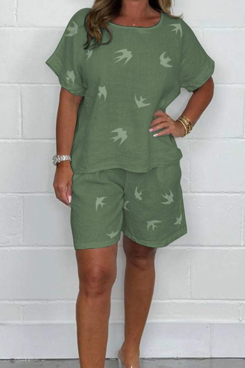 Ivyshape | Women's Bird Print Short And Top Set Linen