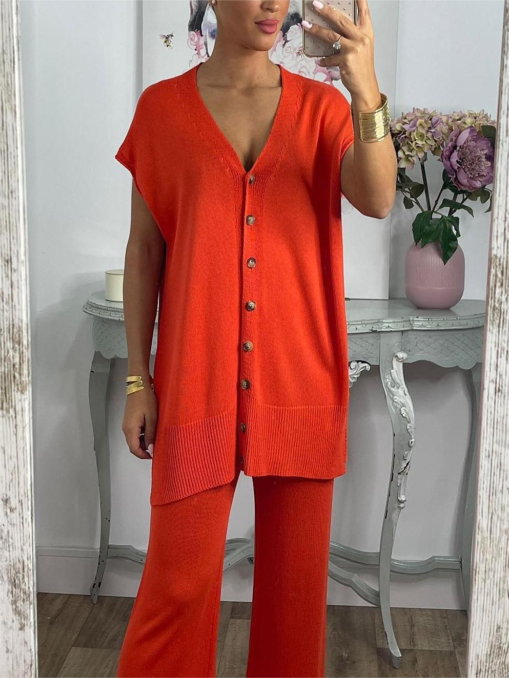 Women's Casual Solid Color Knit Top and Wide Leg Pants Set