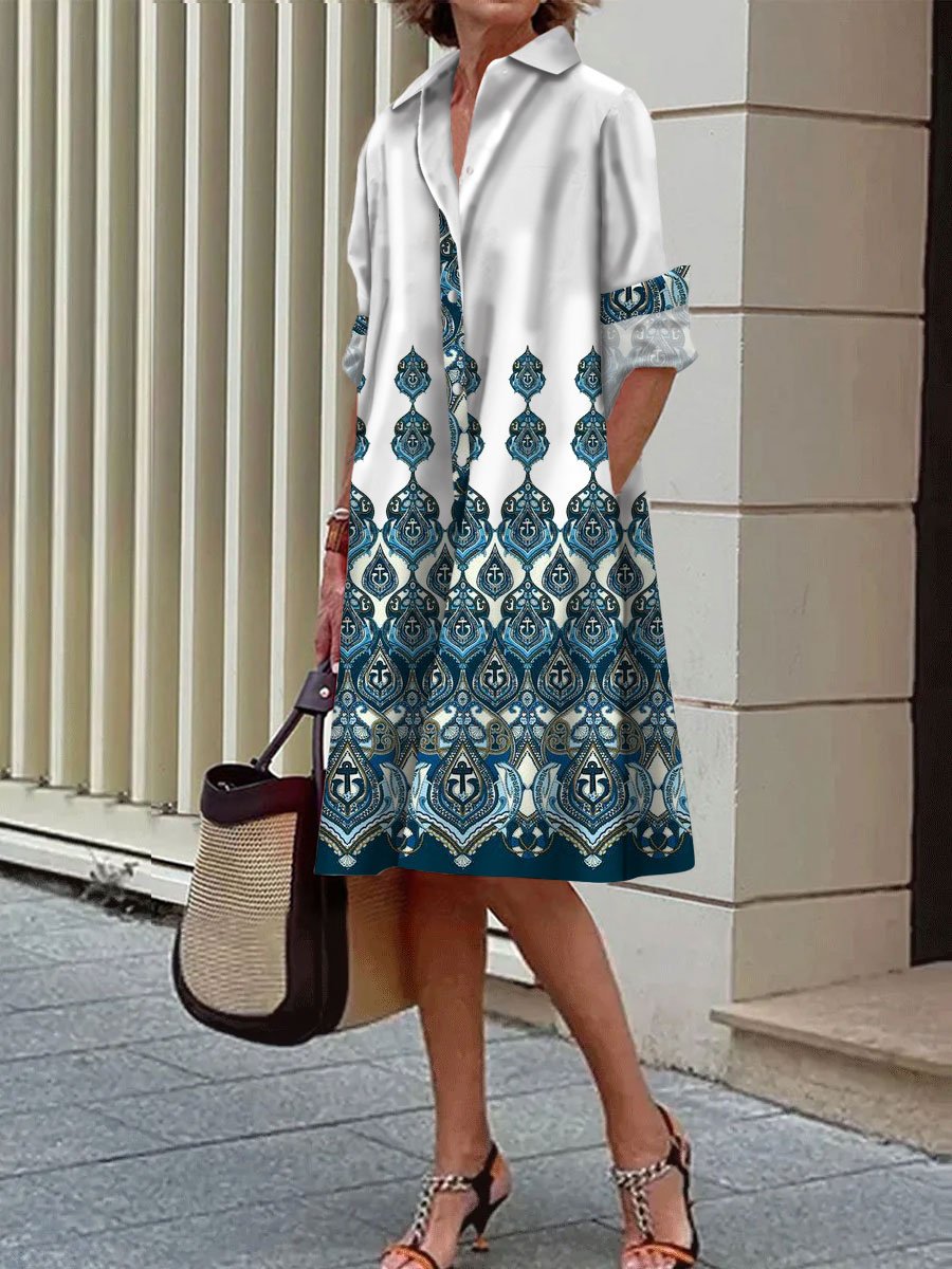 Paisley Print Casual Loose Long Sleeve Shirt Dress