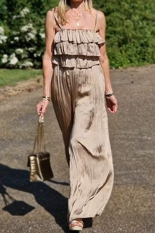 Women's champagne ruffle suspender jumpsuit