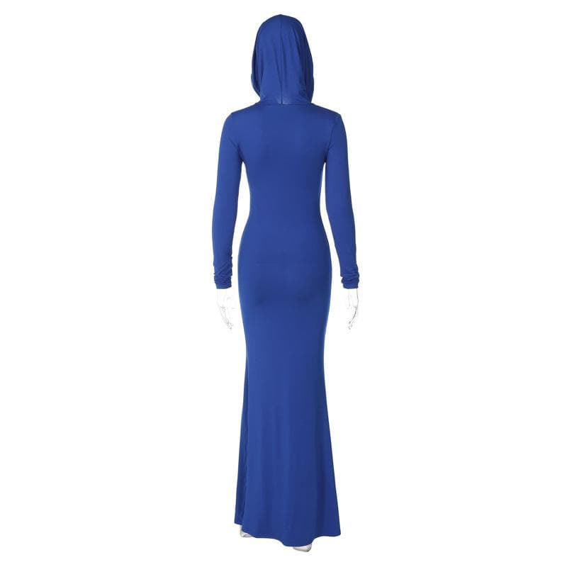 Hoodie long sleeve ruched solid maxi dress