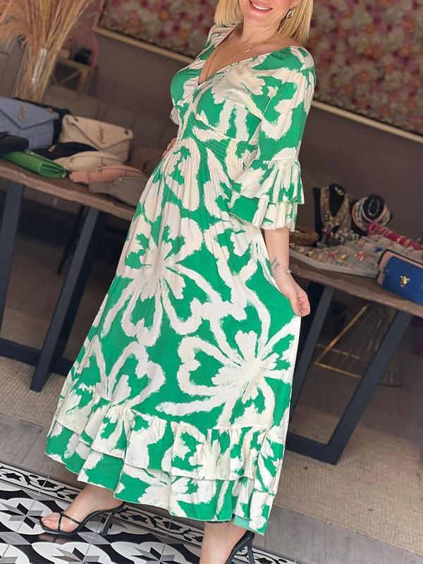 V-neck Printed Bell Sleeve Dress