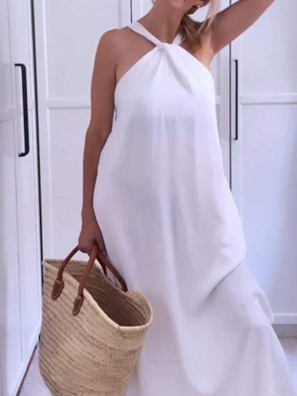 casual halterneck slit cotton and linen dress