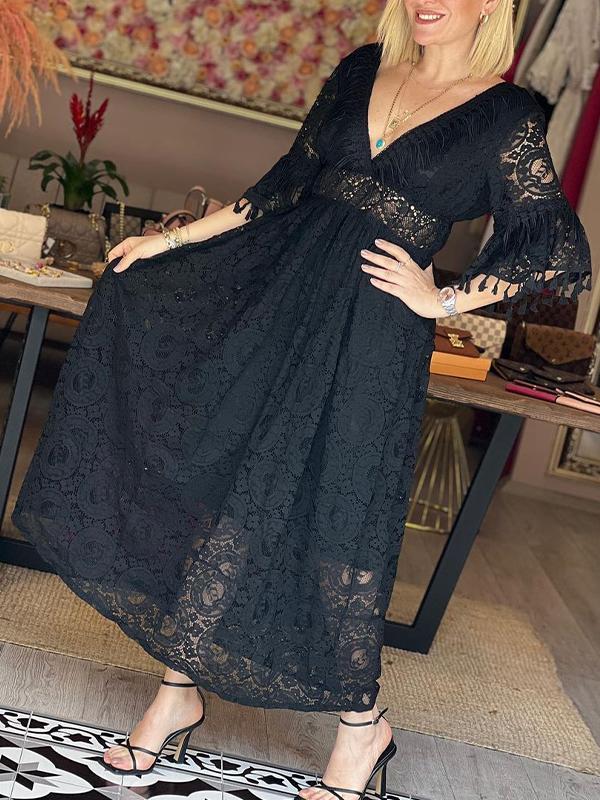 V-neck Bell Sleeves Cutout Lace Dress