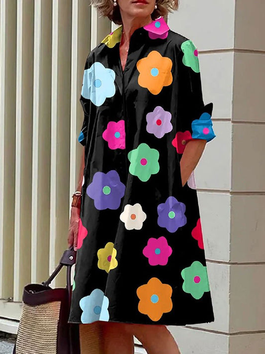 Colorful Floral Print Casual Loose Long Sleeve Shirt Dress