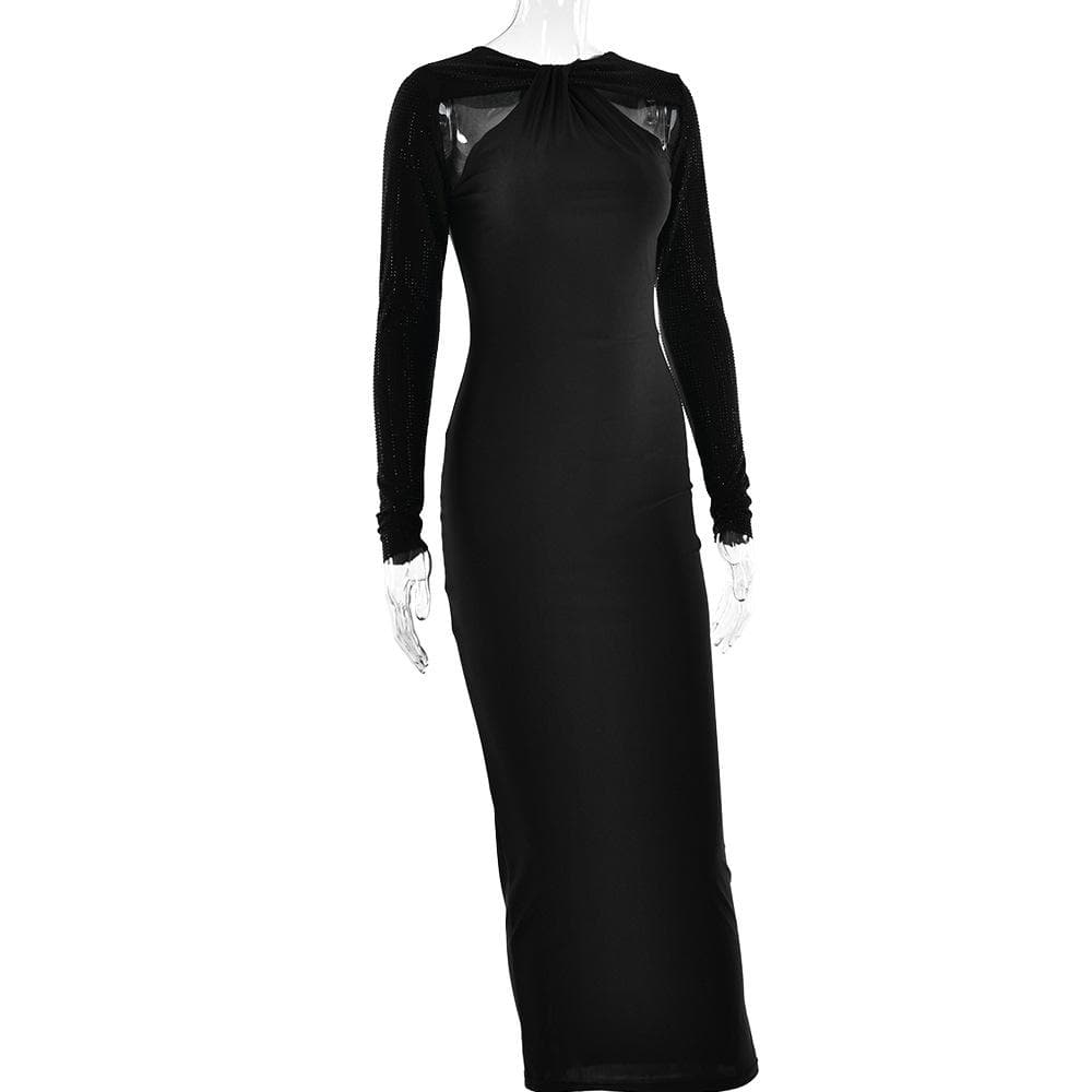 Long sleeve beaded zip-up hollow out patchwork cut out maxi dress