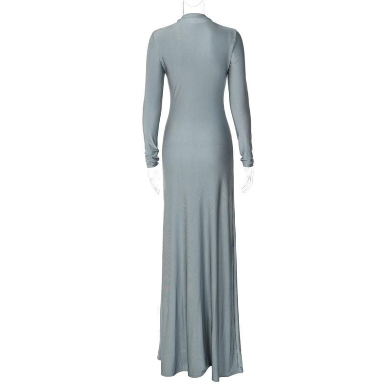 High neck long sleeve zip-up solid maxi dress