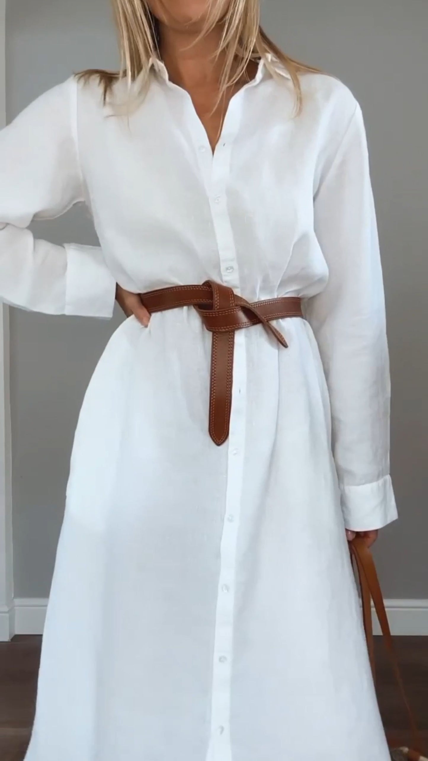 Women's cotton and linen long sleeve shirt dress